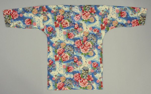 画像2: 鯉口シャツ（大人・男女兼用）【牡丹と鞠/青系】 (2)