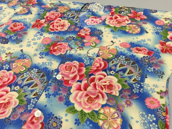 画像3: 鯉口シャツ（大人・男女兼用）【牡丹と鞠/青系】 (3)