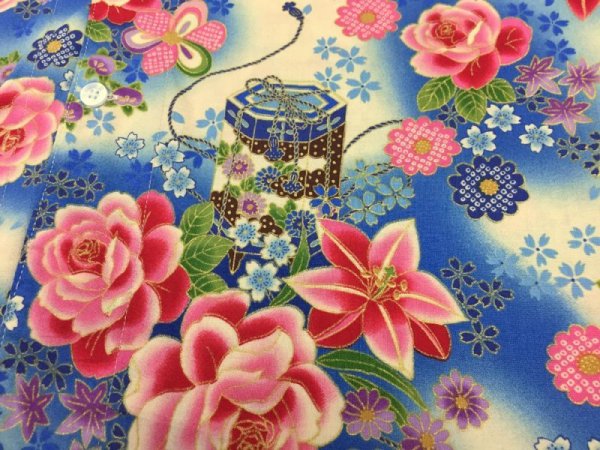 画像4: 鯉口シャツ（大人・男女兼用）【牡丹と鞠/青系】 (4)