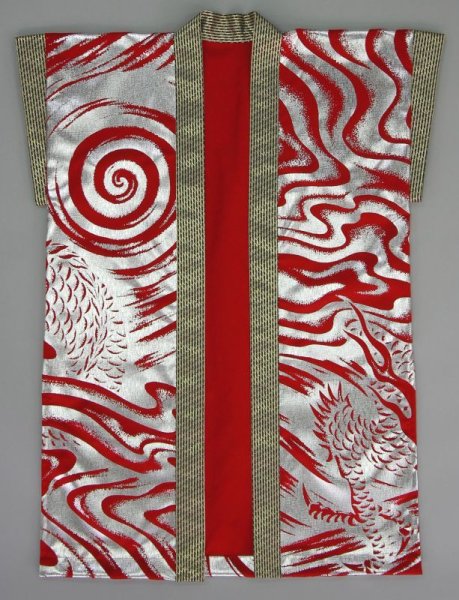 画像3: 大人用和太鼓金銀箔押し袖無し長法被　【赤/銀】 (3)