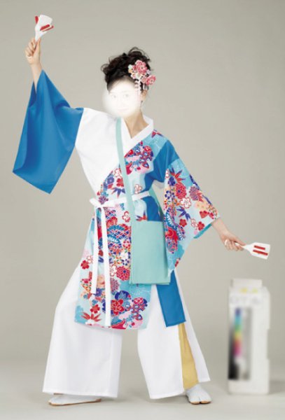 画像1: 女性用よさこい衣装【上着のみ】【花柄の水色系×白】 (1)