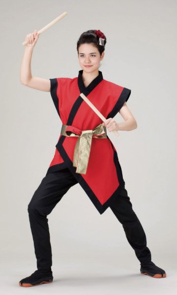 画像2: 和太鼓袖無しアシンメトリー法被【本体赤・衿黒】 (2)