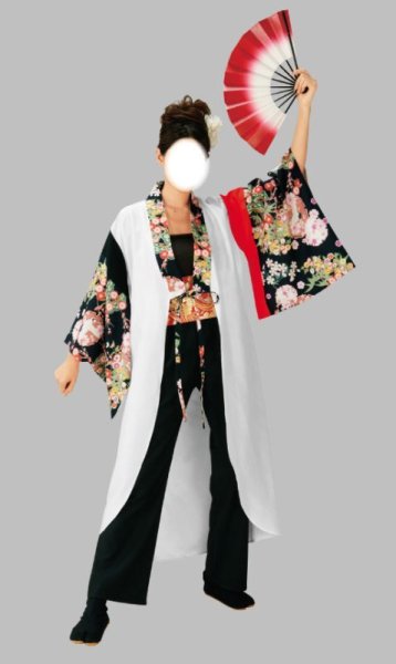 画像1: 女性用よさこい衣装【上着のみ】【花柄の黒×白】 (1)