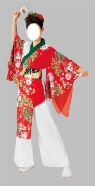 画像1: 女性用よさこい衣装【上着のみ】【松と花の赤系×白】 (1)