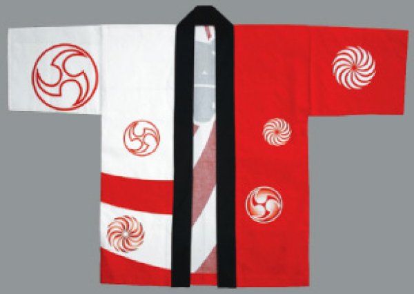 画像3: イベント向け顔料染祭り法被【大人用/赤白の三つ巴と師子毛】 (3)